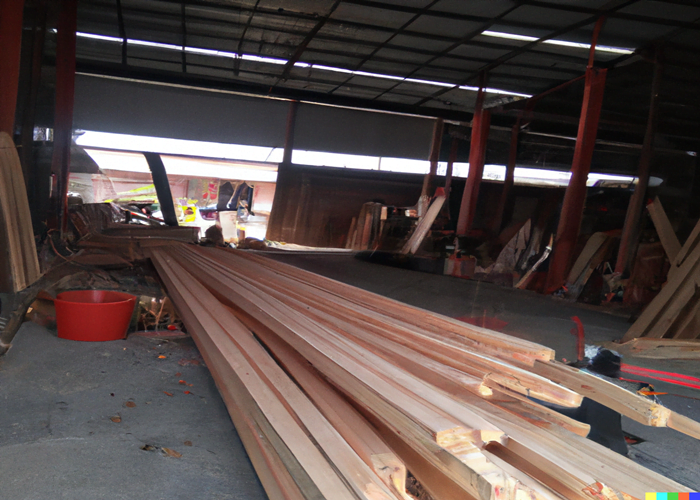 Foto gudang distributor kayu Jakarta dengan berbagai jenis kayu berkualitas.