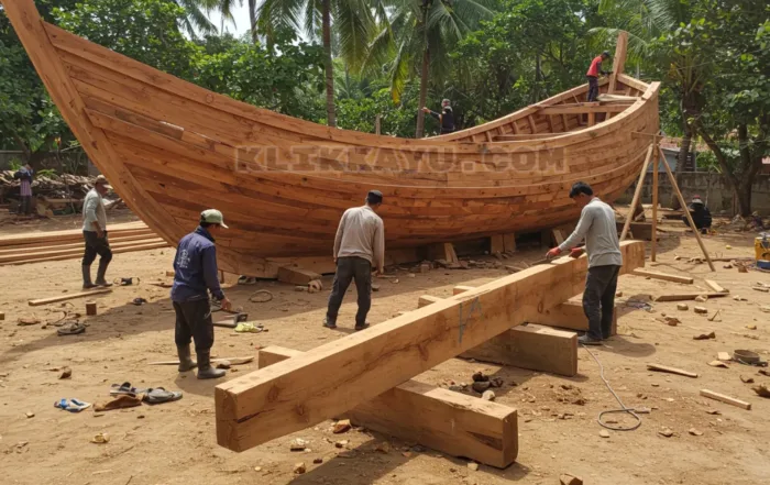Pekerja membangun galangan kapal menggunakan kayu bengkirai di lingkungan tropis, menunjukkan kekuatan dan ketahanan kayu untuk konstruksi outdoor.